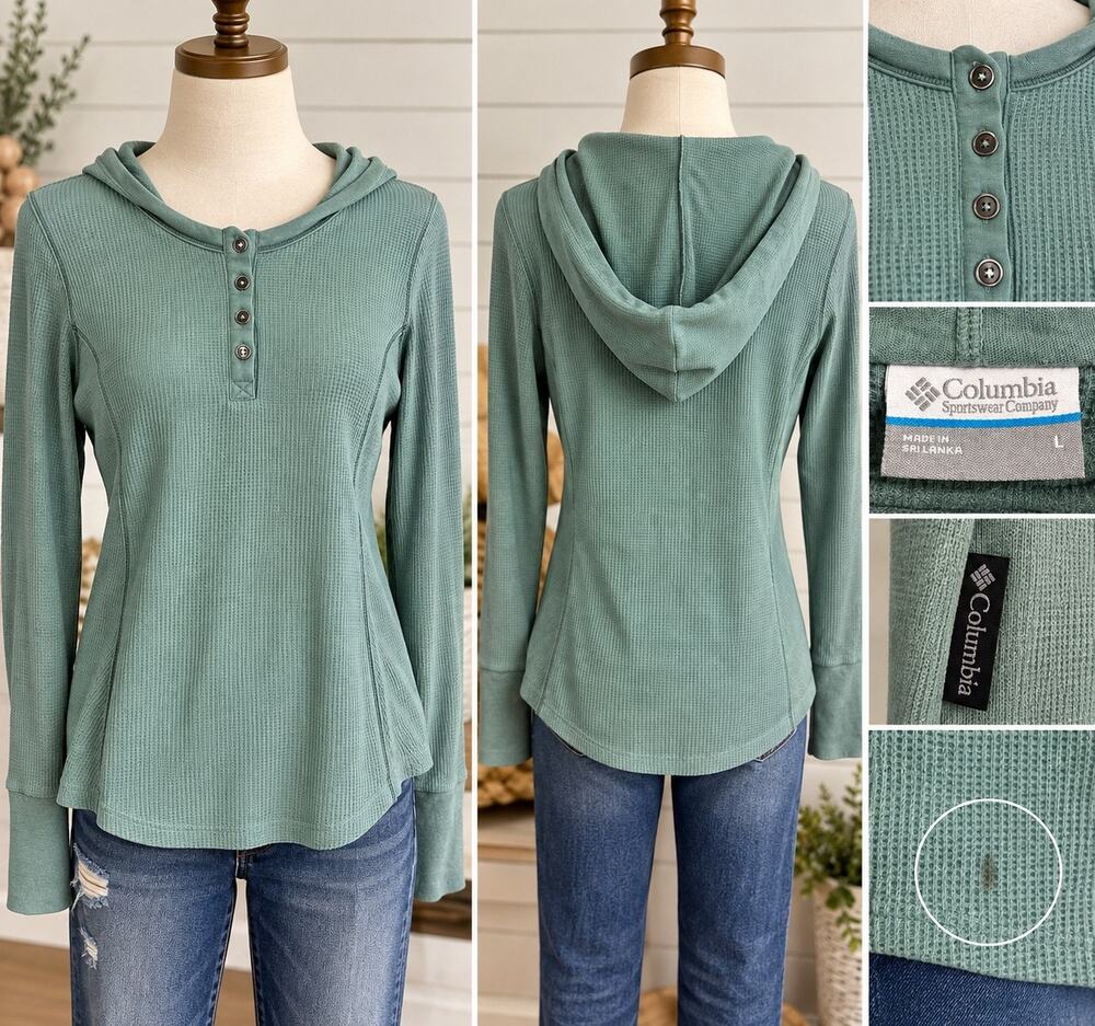 Columbia Women’s Large Green Waffle Knit Hooded Henley Long Sleeve Top